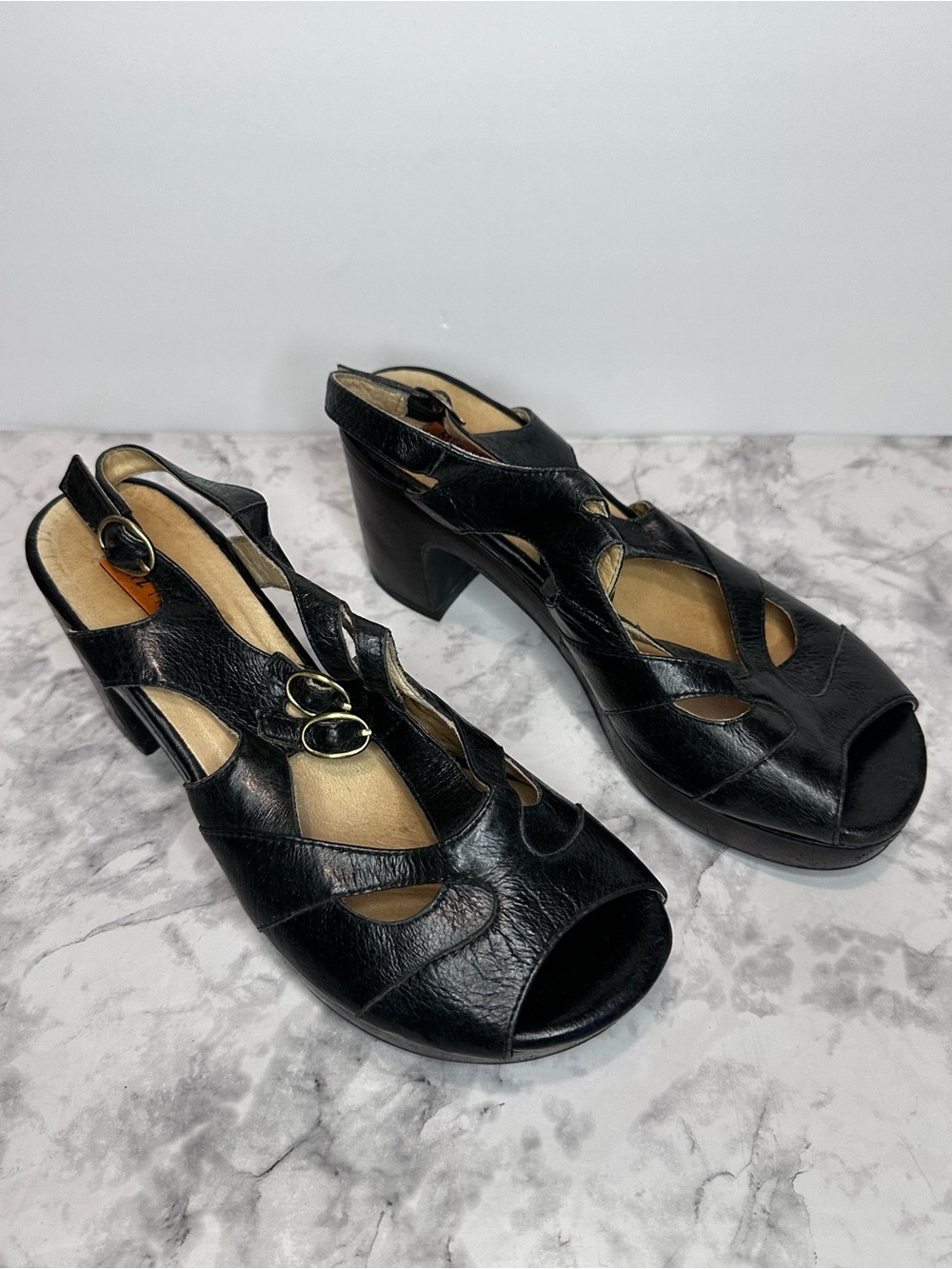 Miz Mooz Celine Black Leather Cutout Peep Toe Block Heel Sandals 38